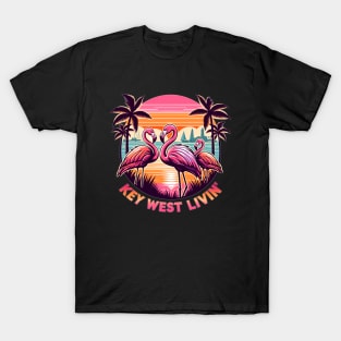 Key West Livin' - Tropical Flamingo Sunset Scene In Key West T-Shirt